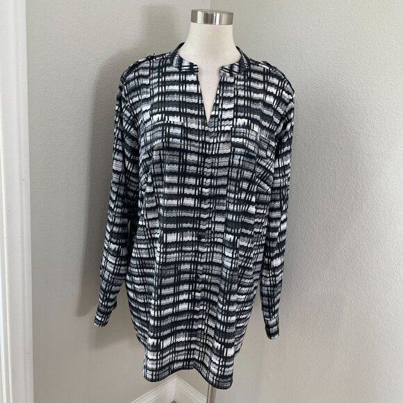Calvin Klein Womens Plus 2X Black White Plaid Tunic Top Roll Tab Sleeve Shirt - Picture 1 of 10